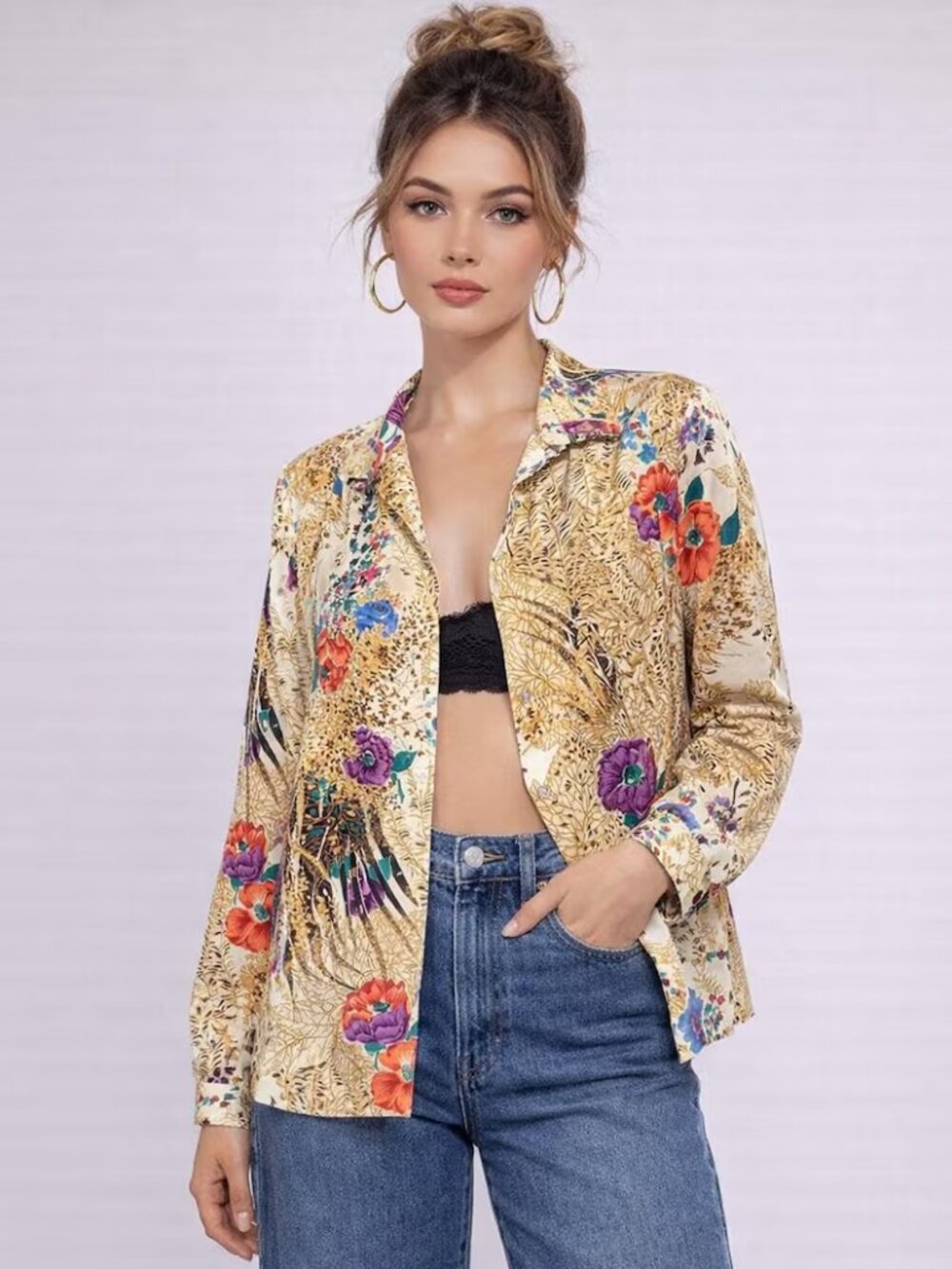 Vintage 90s Floral Peacock Print Blouse | Floral Blouse | LARGE